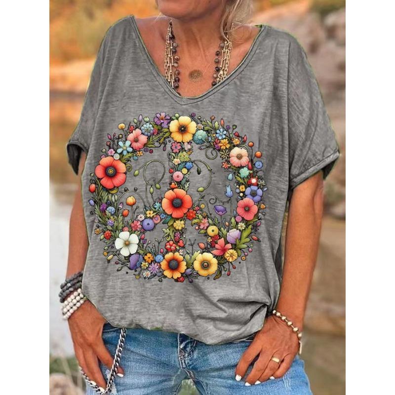ilstile Women's Colorful Flower Print T-Shirts Hippie Summer Short Sleeve T Shirt Casual Loose V Neck Tops Tees