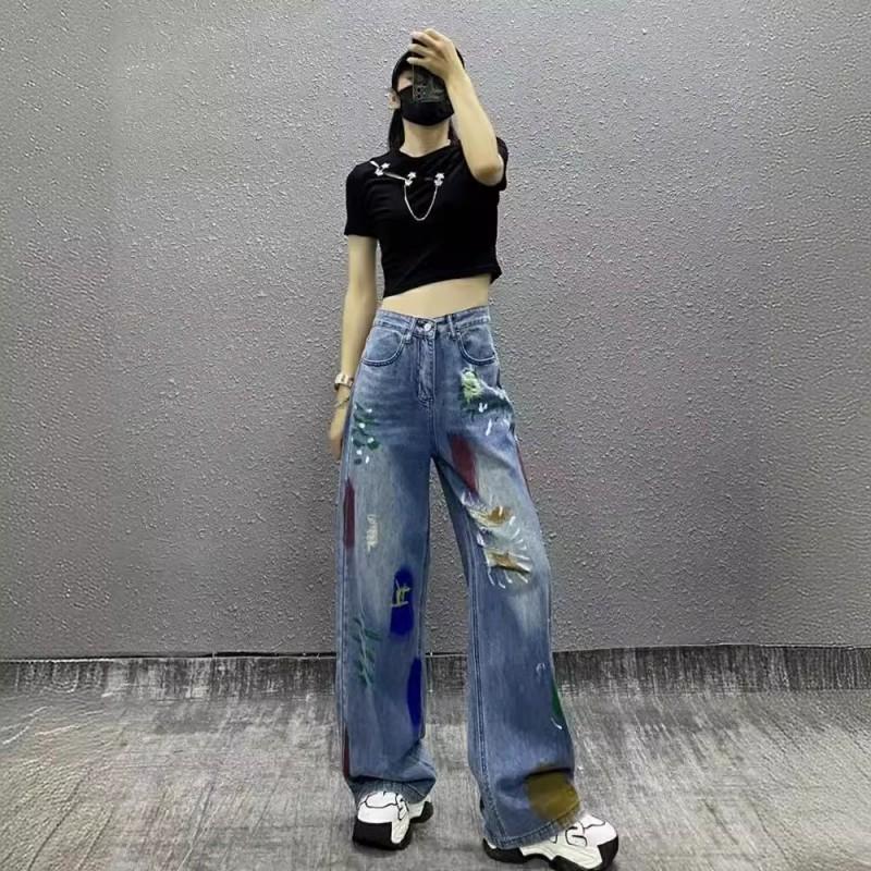 Womens High-Waisted Wide Leg Distressed Denim Jeans With Painted Design Loose Fit Straight Cut