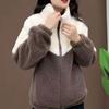 Women Winter Coat Stand Collar Zipper Closure Colorblock Plus Size Thick Plush Extra Warmth Long Sleeves Pockets Cardigan Outdoor Jacket