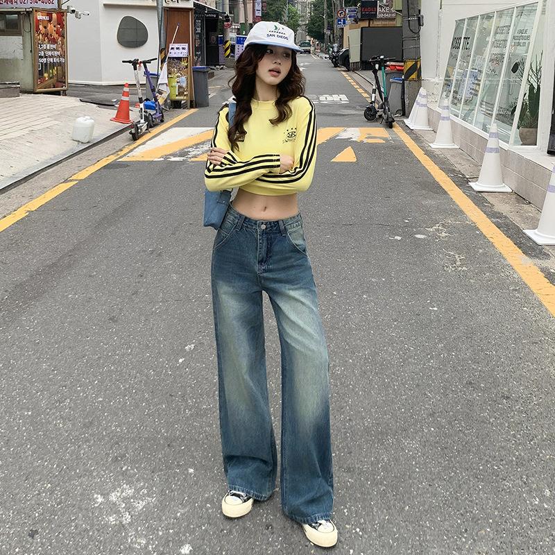 Retro washed old straight loose jeans women's spring and autumn new high waist drape thin wide leg pants