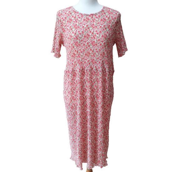 Summer Women Dress Small Flower Print Crew Neck Loose Short Sleeves Pleated Mid-calf Length Pullover Shopping Midi Dress