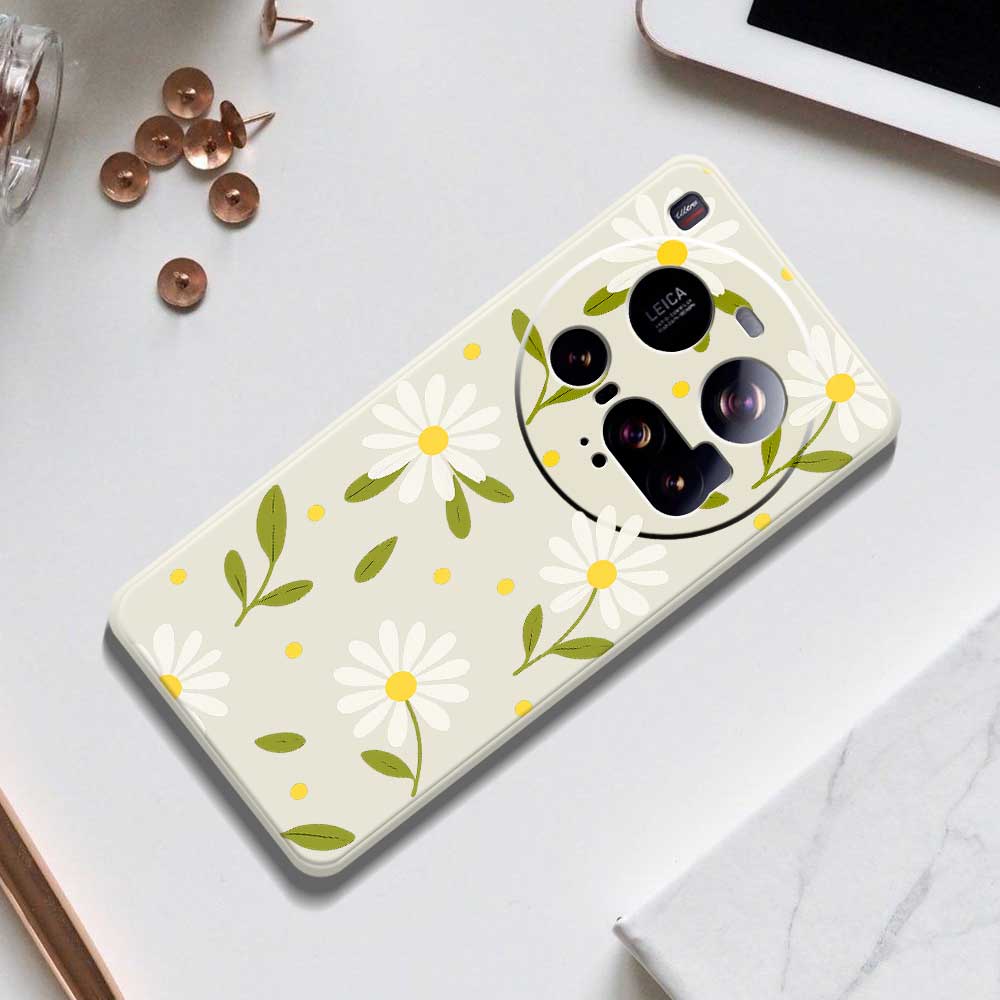 For Xiaomi 15 Ultra Case White Flowers Green Leaves Pattern Printing Straight Edge TPU Phone Back Cover