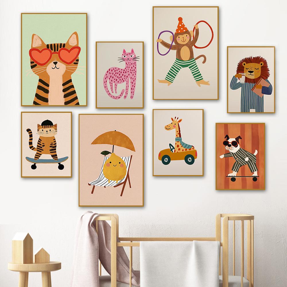 Circus Monkey Wall Art Birthday Party Decor Playful Kids Room Art Nursery Safari Animal Poster Lion Giraffe Dog Prints Pictures