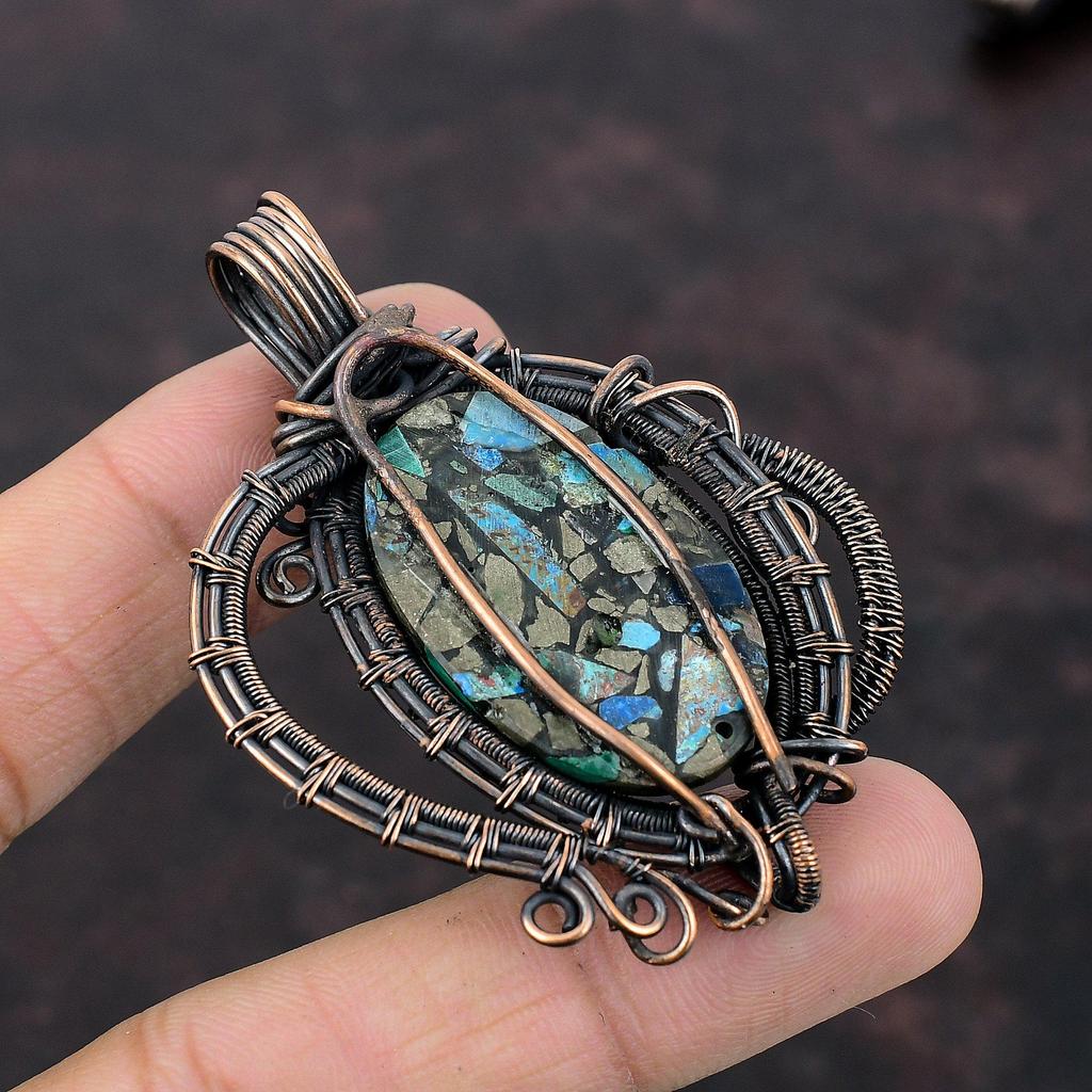 Copper Azurite Malachite Pendant Copper Wire Wrapped Pendant Gemstone Copper Jewelry Elegant Pendant Handmade Wire Wrap Jewelry Gift For Her