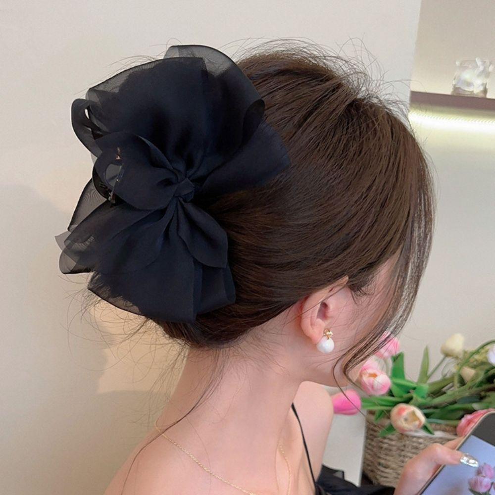 Sweet Chiffon Hair Claw Large Women Hair Grab Luxury Bow Shark Clip Girl