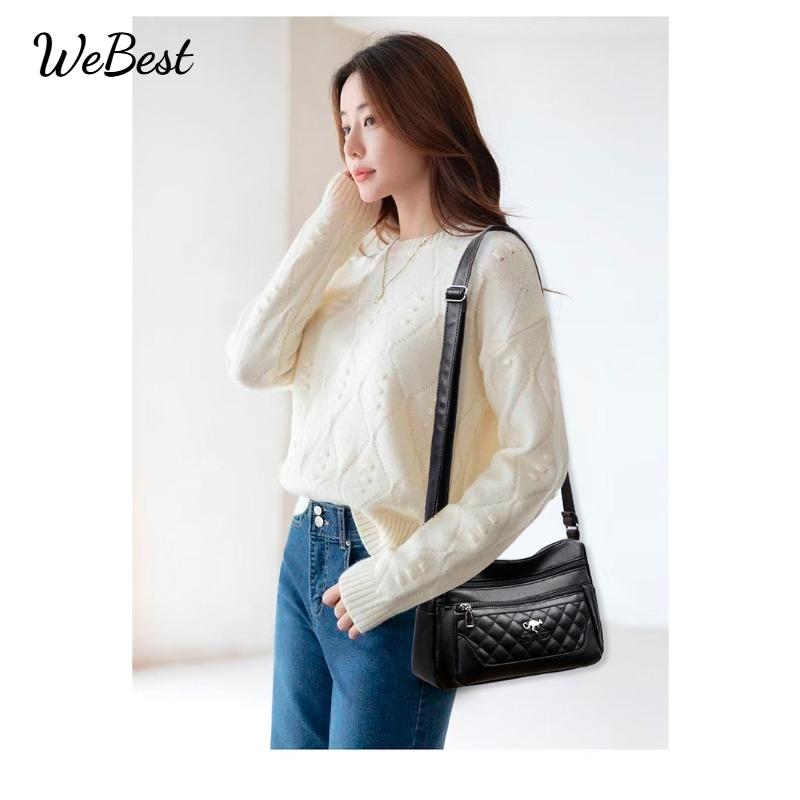 Embroidered Diamond Grid PU Single Shoulder Crossbody Women's Bag