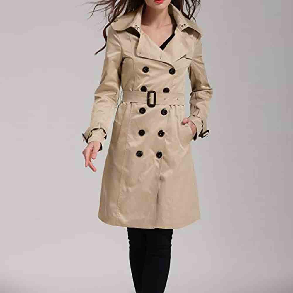 Женский зимний двубортный тонкий длинный плащ с лацканами, пальто