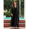 Women's Boho Style Cover Up, Plus Size Solid Color V Neck Batwing Sleeves Woven Design Loose Fit Beach Kaftan Dress