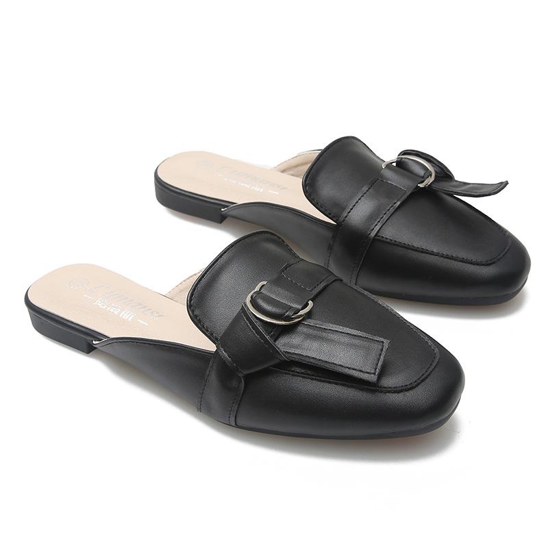 Модные летние туфли 2024 года, женские плоские шлепанцы из цельной кожи, мюли с закрытым носком, шлепанцы-бабуши, женские тапочки с пряжкой на поясе, женские сандалии