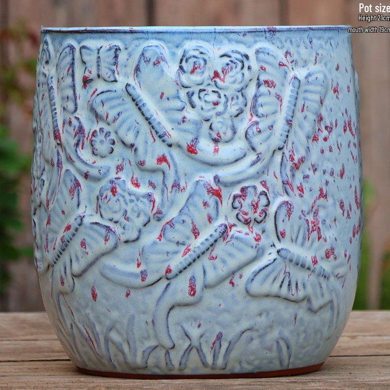 Handmade Embossed Rose Ceramic Pot for Succulents - Tall, Breathable Coarse Pottery Planter