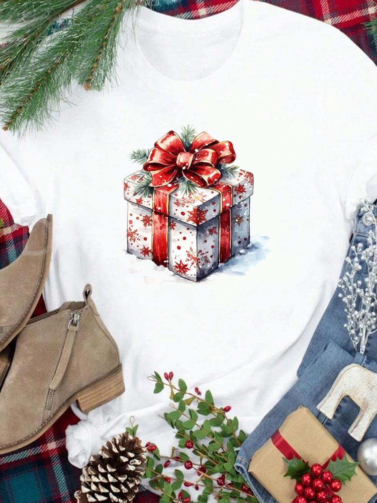 (Азиатский размер) Футболка Новогодний праздник милый стиль письма Счастливого Рождества Топ фестиваль Повседневная Женская Принт Леди Короткий рукав Модные Графические футболки