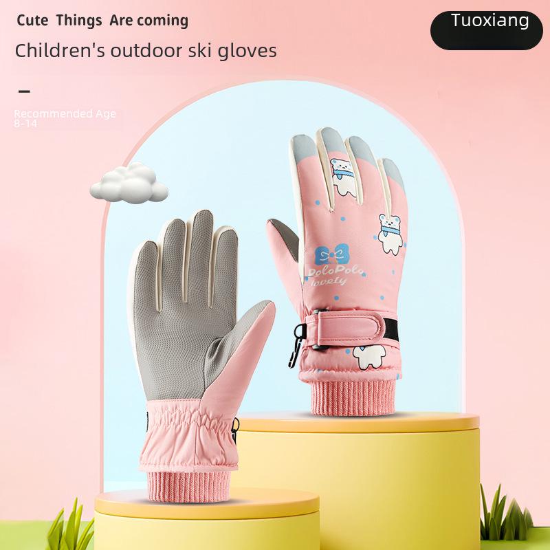 Kids' Winter Touch Screen Ski Gloves - Non-Slip, Windproof, Warm, Five-Finger Design with Velvet Lining