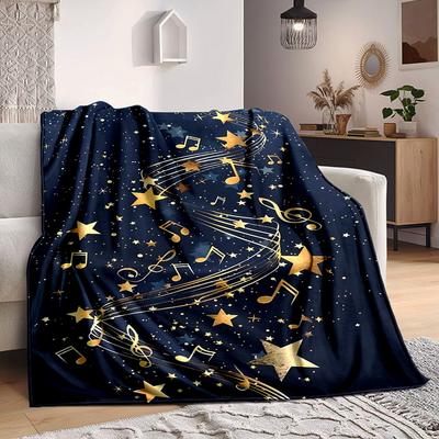 1pc Music Stars Print Blanket - Lightweight Flannel Throw Blanket For Sofa, Bed, Living Room, Office, Outdoor Travel, Camping, Soft All-Season Throw