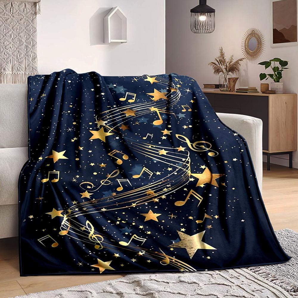 1pc Music Stars Print Blanket - Lightweight Flannel Throw Blanket For Sofa, Bed, Living Room, Office, Outdoor Travel, Camping, Soft All-Season Throw