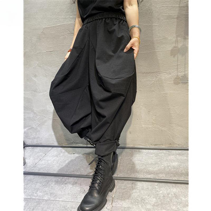 Новая весенняя женская уличная тенденция эластичные брюки с высокой талией однотонные универсальные повседневные свободные широкие брюки-шаровары в стиле хип-хоп