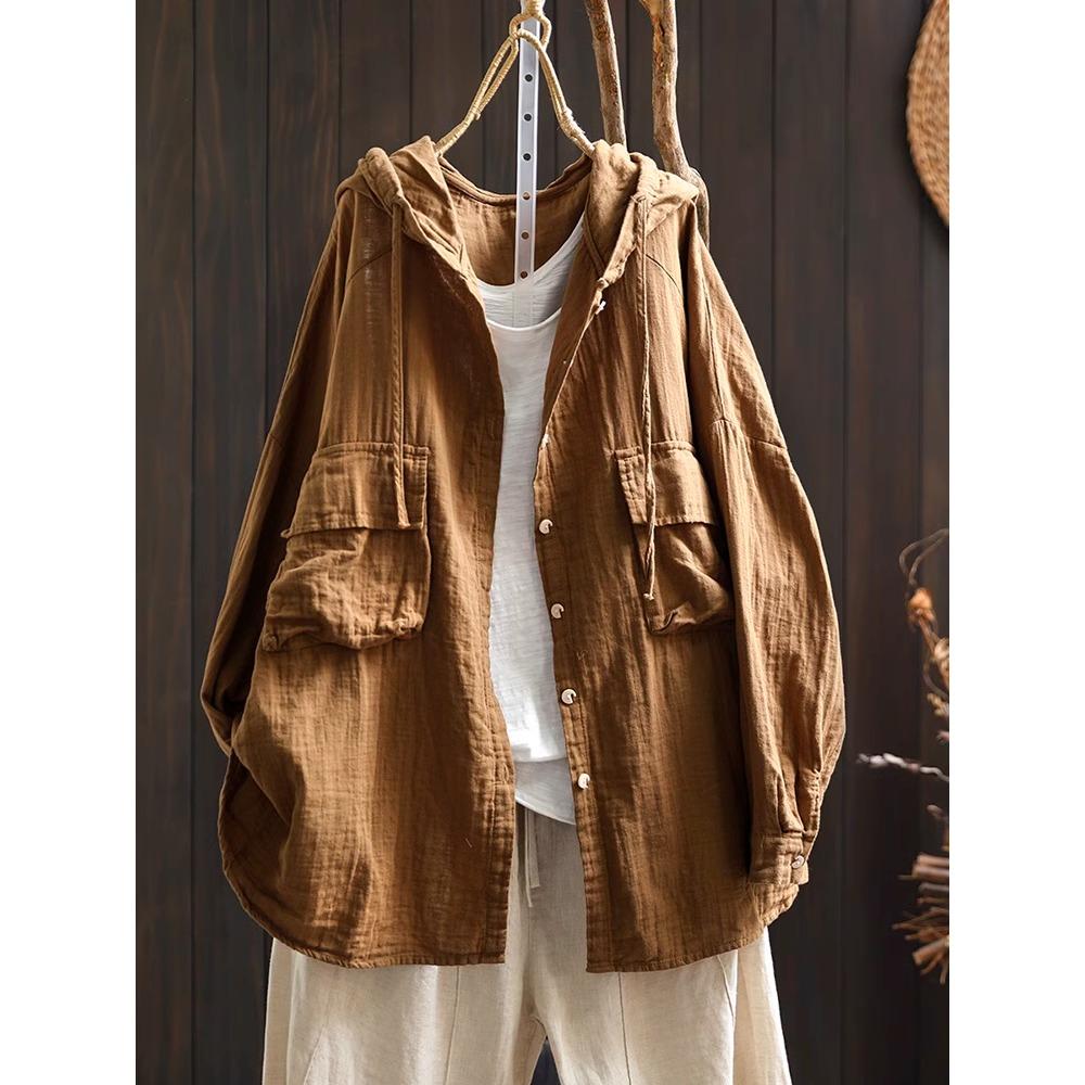 Dimanaf 2025 Весенняя рубашка большого размера Футболка женская льняная с длинным рукавом Карманы Модные топы Футболки Свободные футболки Новые