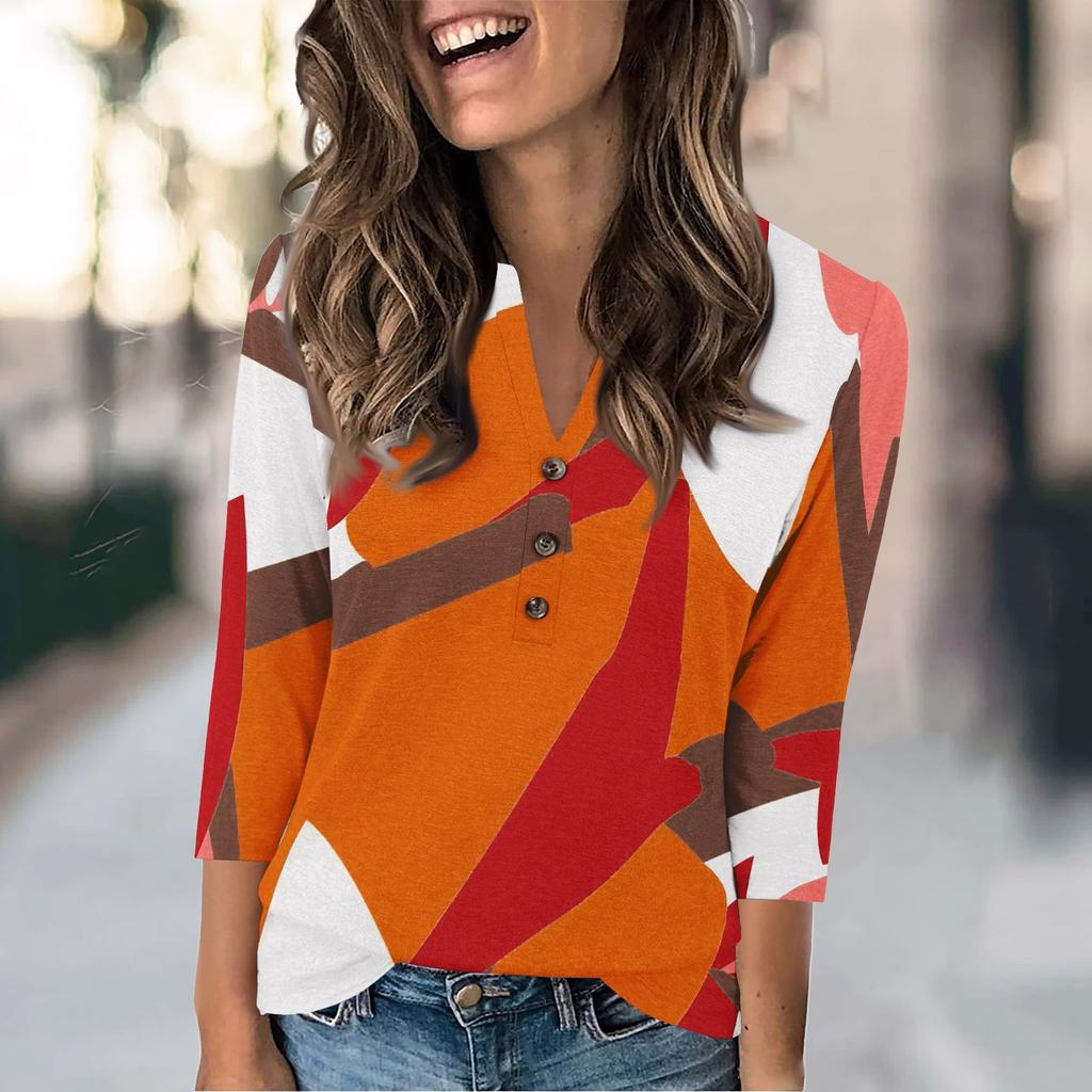 Women's Fashion Casual Loose 3/4 Sleeve Printed Round Neck Top