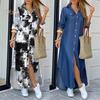 Women Long Sleeve Slitting Hem Pockets Single-breasted Maxi Shirt Dress