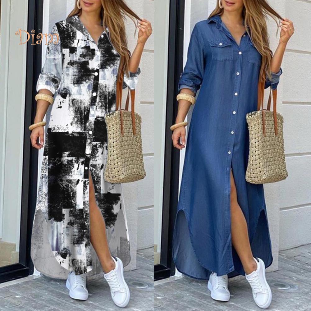 Женское однобортное платье-рубашка макси с длинным рукавом