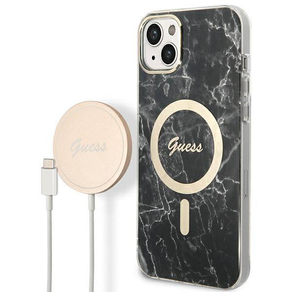 Guess GUBPP14SHMEACSK Case+ Charger Set iPhone 14 / 15 / 13 6.1" black/black hard case Marble MagSafe