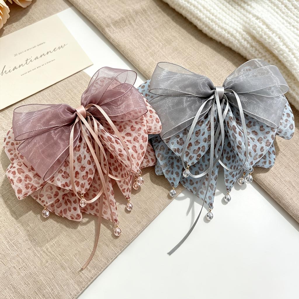 1pc Korean Style Atmospheric Leopard Print Bow Ribbon Half-Tied Hair Ponytail Clip Hair Accessory Atmospheric Volume-Enhancing Hair Clip