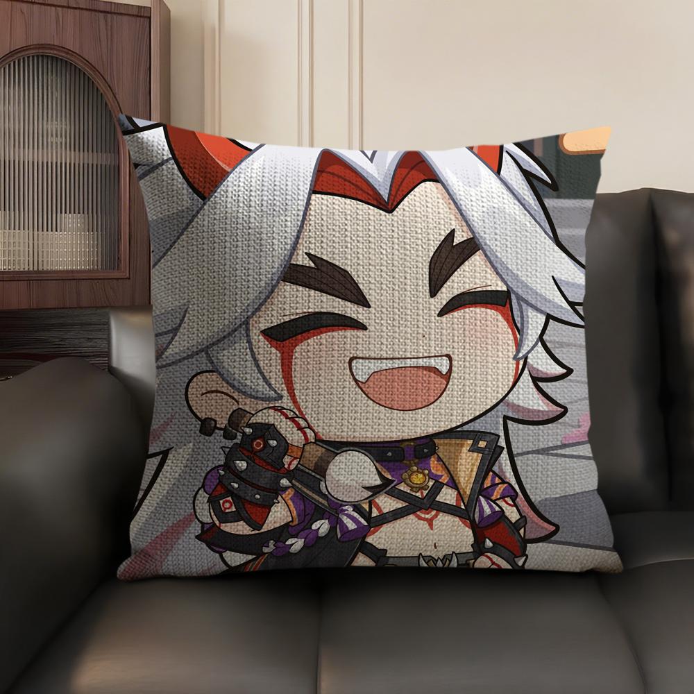 Arataki Itto Cute Genshin Impact Cushion Cover Natural Linen Organic Fabric DoubleSided Printing Sofa Home Decor Pillow Case