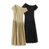 Elegant Off Shoulder Dress For Women Spring Summer Short Sleeve Fold Long Dresses Female 2025 Fashion Solid Color Holiday Lady Dresses