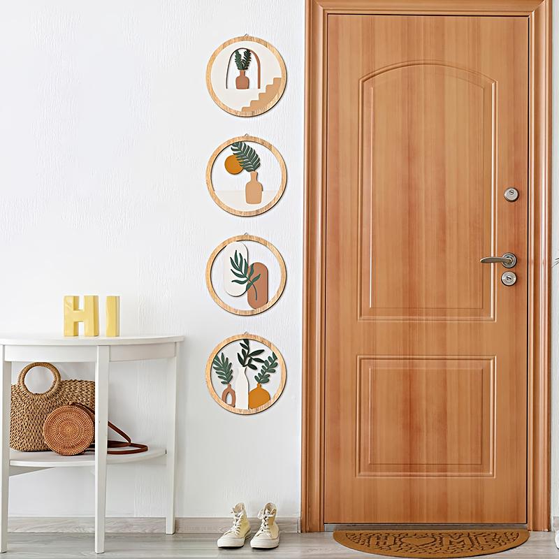 4pcs/Set Wood Homestay Crafts Decorative Hollow Pattern Wall Hanging Circular Design Pendants Home Decoration