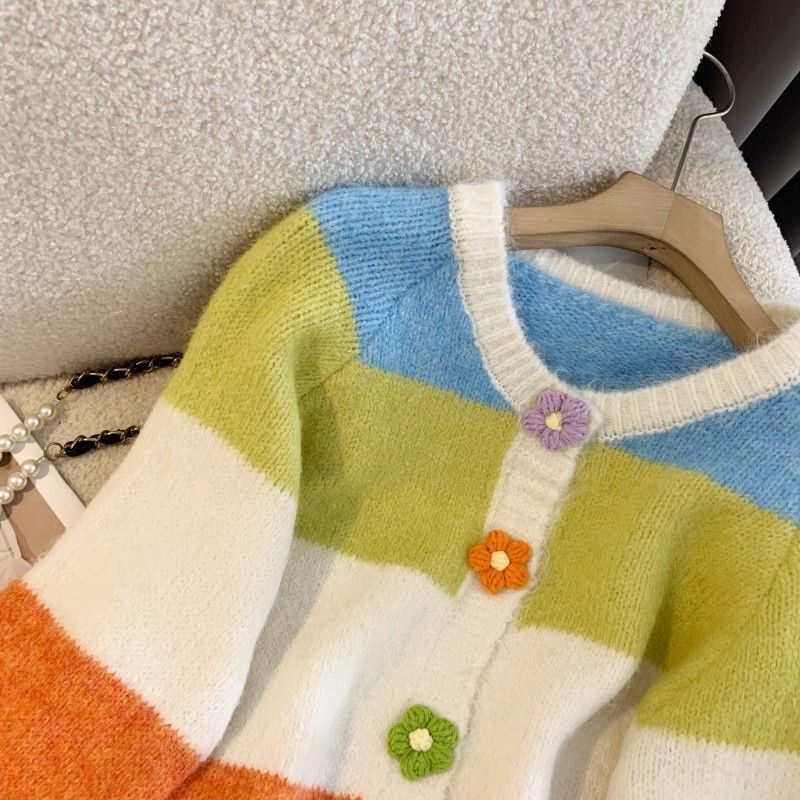 Женский вязаный кардиган с цветочными полосками и пуговицами, свободный женский свитер, осенний однобортный топ с длинными рукавами