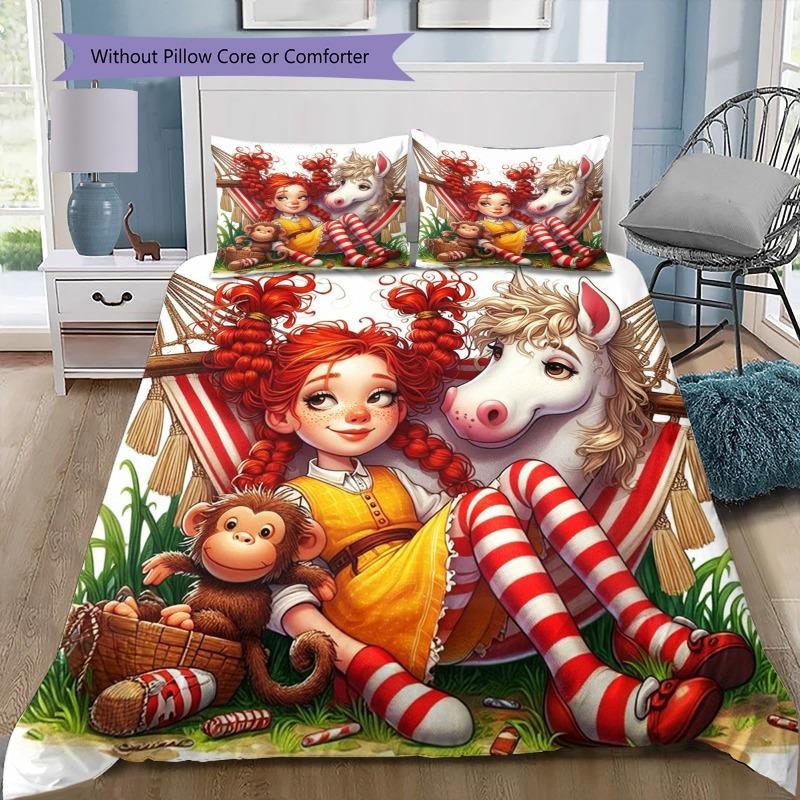 Pippi Longstocking Bedding Set 3 Pieces Duvet Cover and Pillowcases, Kids Bedroom Decor Soft Bed Linen, No Comforter