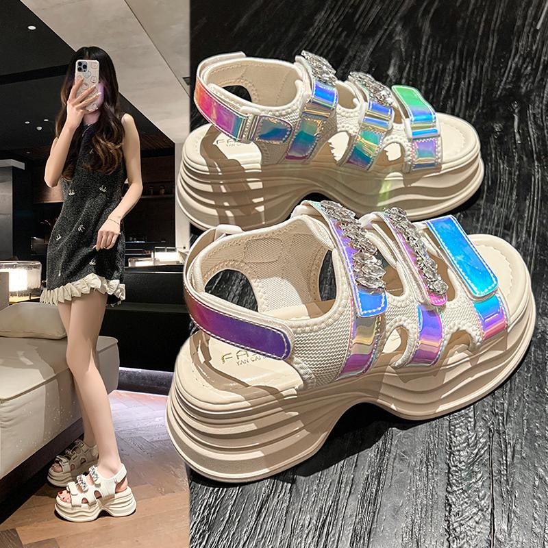 Fashion Women Summer Platform Bling Sandals Breathable Wedges 9CM High Heels Ladies Crystal Beach Slippers Chunky Shoes Sandalias Mujer