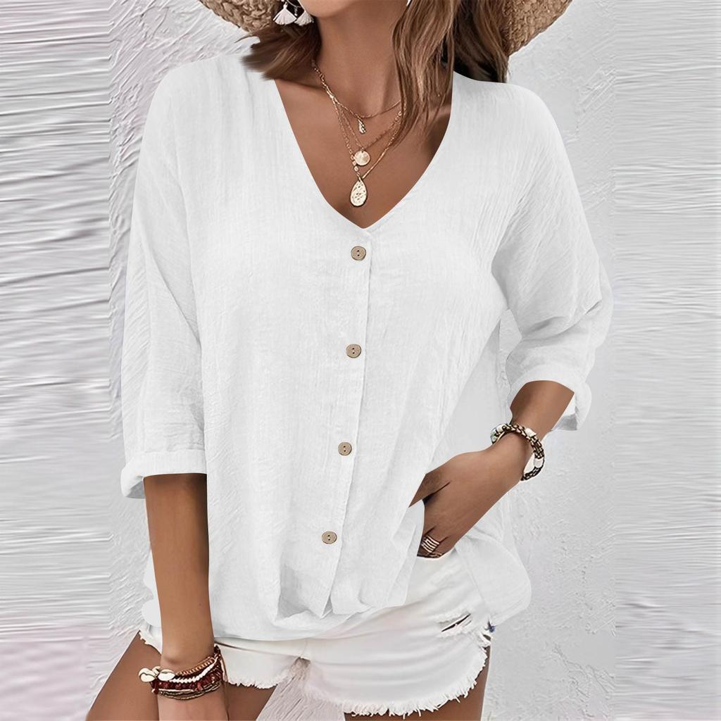 Women's Fashion Casual Solid Color V-Neck Live Button Seven Sleeve T-Shirt Top
