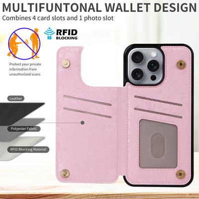 For iPhone 16 Pro Max Case Flower Leather+TPU RFID Blocking Phone Cover Card Slots