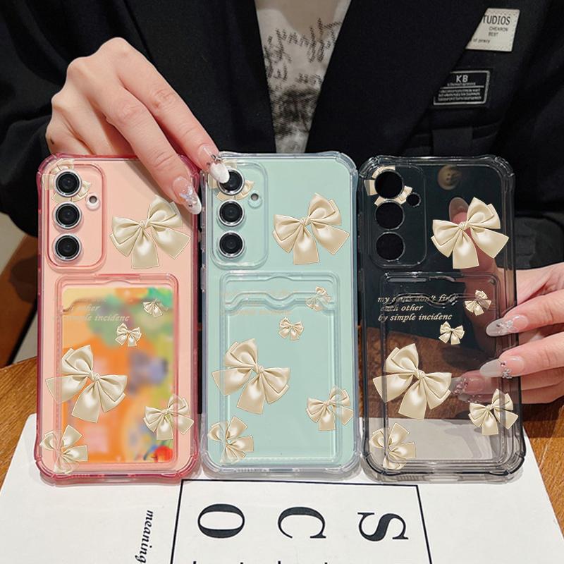 Узор бантом прозрачный слот для карт противоударный чехол для Samsung S25 S24 FE S23 Ultra S22 A56 A36 A55 A16 A06 A05 A15 A26 мягкий силиконовый тонкий чехол для телефона
