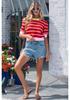 Women's Casual Striped Patchwork Short Sleeve Round Neck Sweater