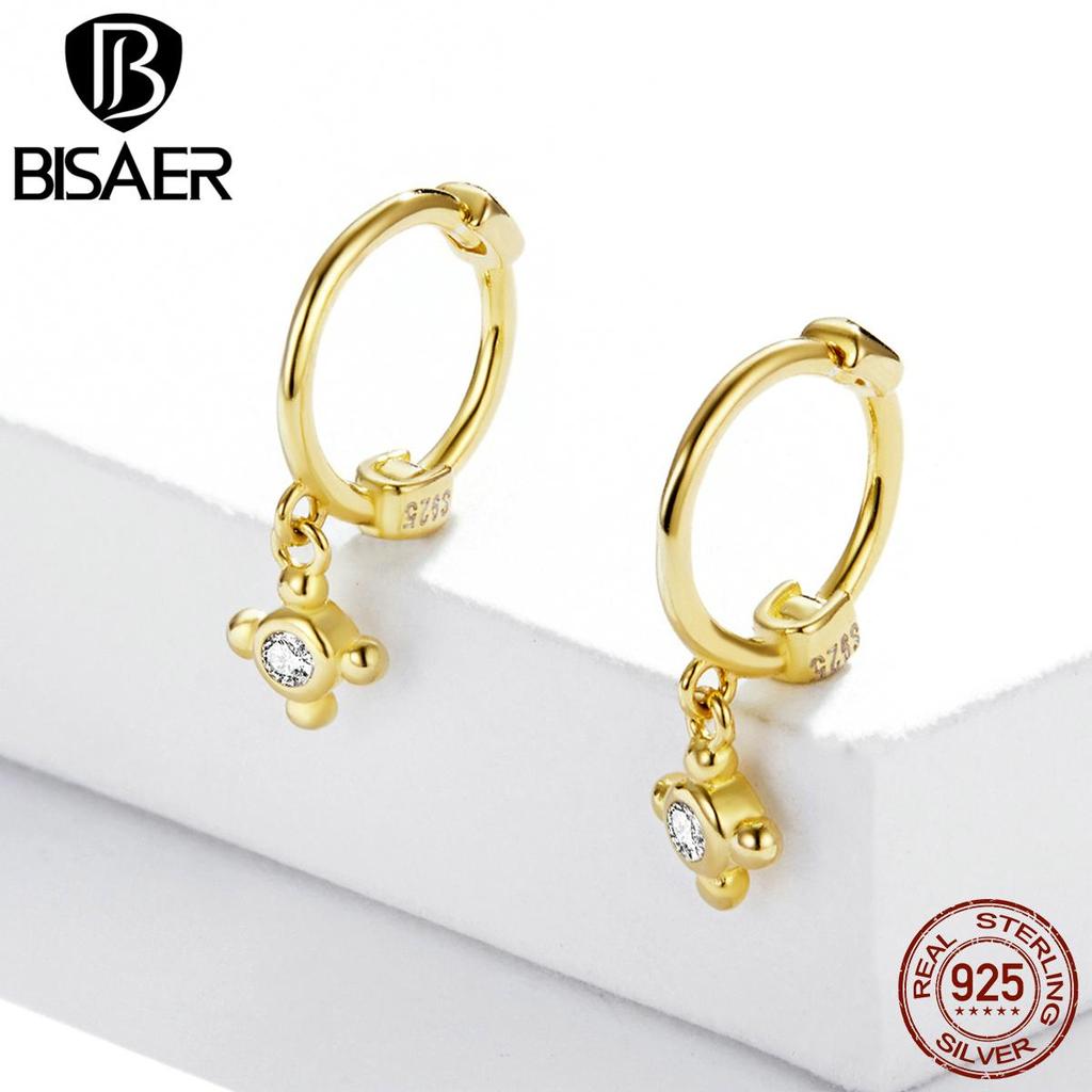Bisaer 925 Sterling Silver Exquisite Charming French Gold-plated Pearl Zircon Hoop Earrings for Women Fine Jewelry