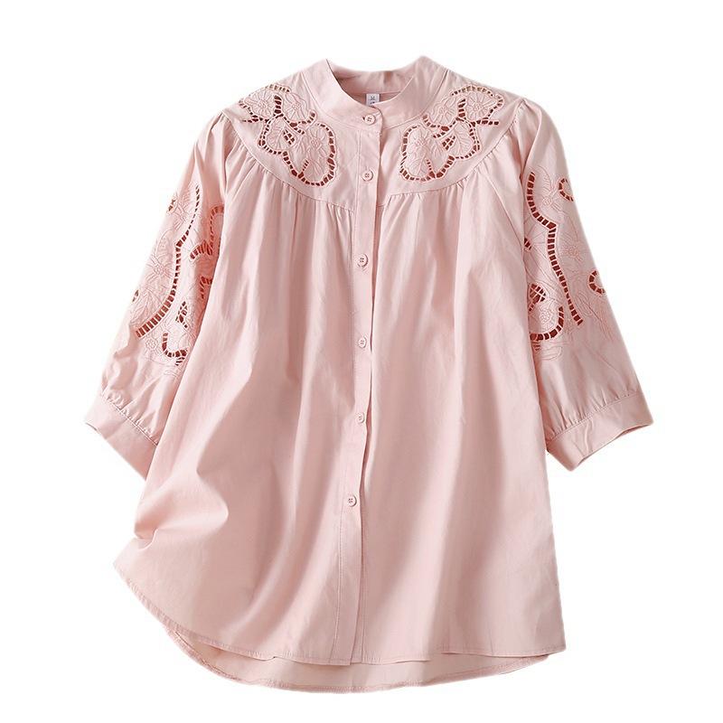 Летняя рубашка из хлопка и льна, женская, стоячий воротник, рукава-фонарики, вышитая, резная, свободная, повседневная, модная