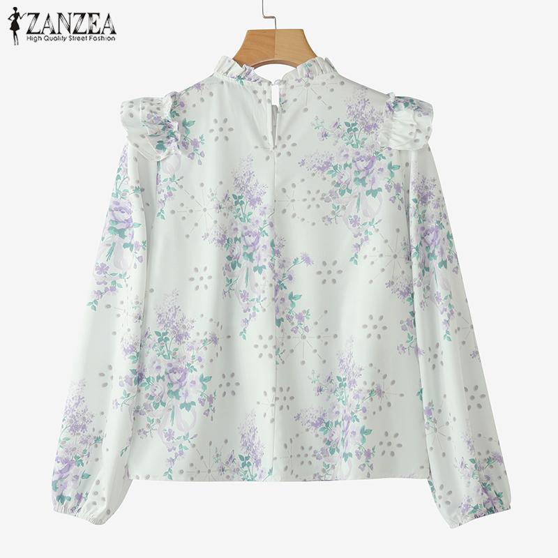 ZANZEA Женская повседневная блузка с воротником-стойкой и длинным рукавом с цветочным принтом