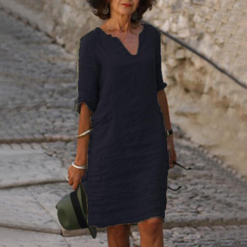 Летнее повседневное платье из хлопка и льна с v-образным вырезом, женское элегантное платье больших размеров с коротким рукавом, женское модное однотонное свободное платье трапециевидной формы, женское 1033