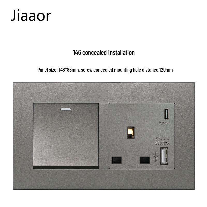 Серый британский стандарт двойная розетка с выключателем с USB и Type C - совместимая с Гонконгом/Макао, скрытого типа 86