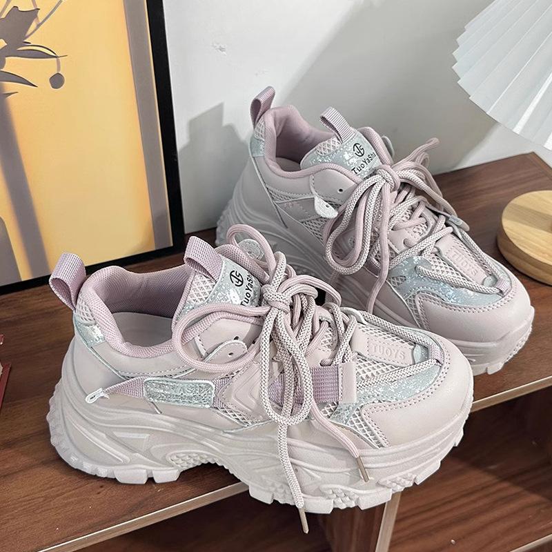 Кожаные туфли для папы, женская обувь, весна-лето, новая сетчатая дышащая толстая подошва, увеличивающая рост, повседневная спортивная обувь