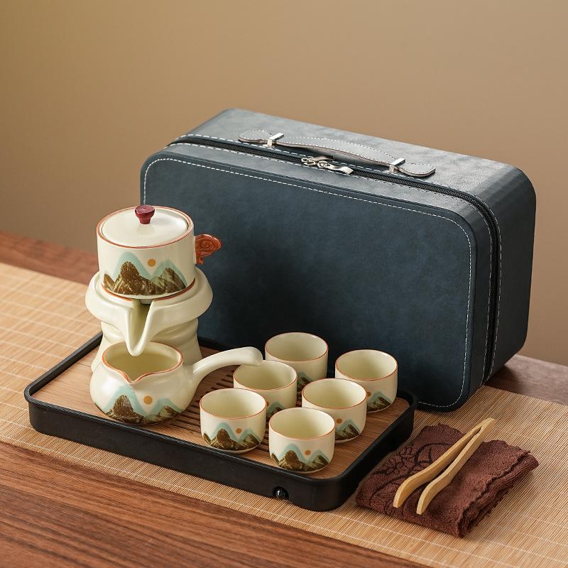 Semi-automatic Kung Fu Lazy Tea Set Huang Ru Qingshan Set Household High-end Stone Grinding Teapot Enterprise Souvenir