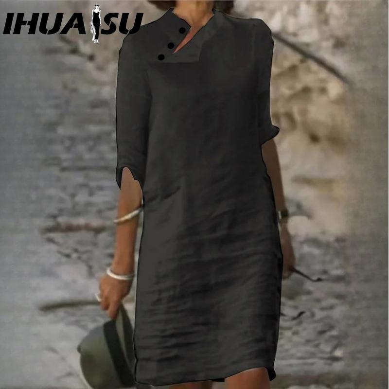 IHUASU Женская мода лето весна однотонный принт с коротким рукавом и высокой талией повседневные платья