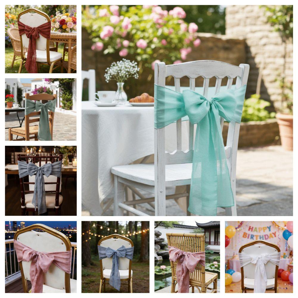 2Pcs Designed Decor Rustic Chair Sashes Cheesecloth Tulle Overlock Chair Ties Non-slip 11 Colors Chair Cover Wedding Decoration