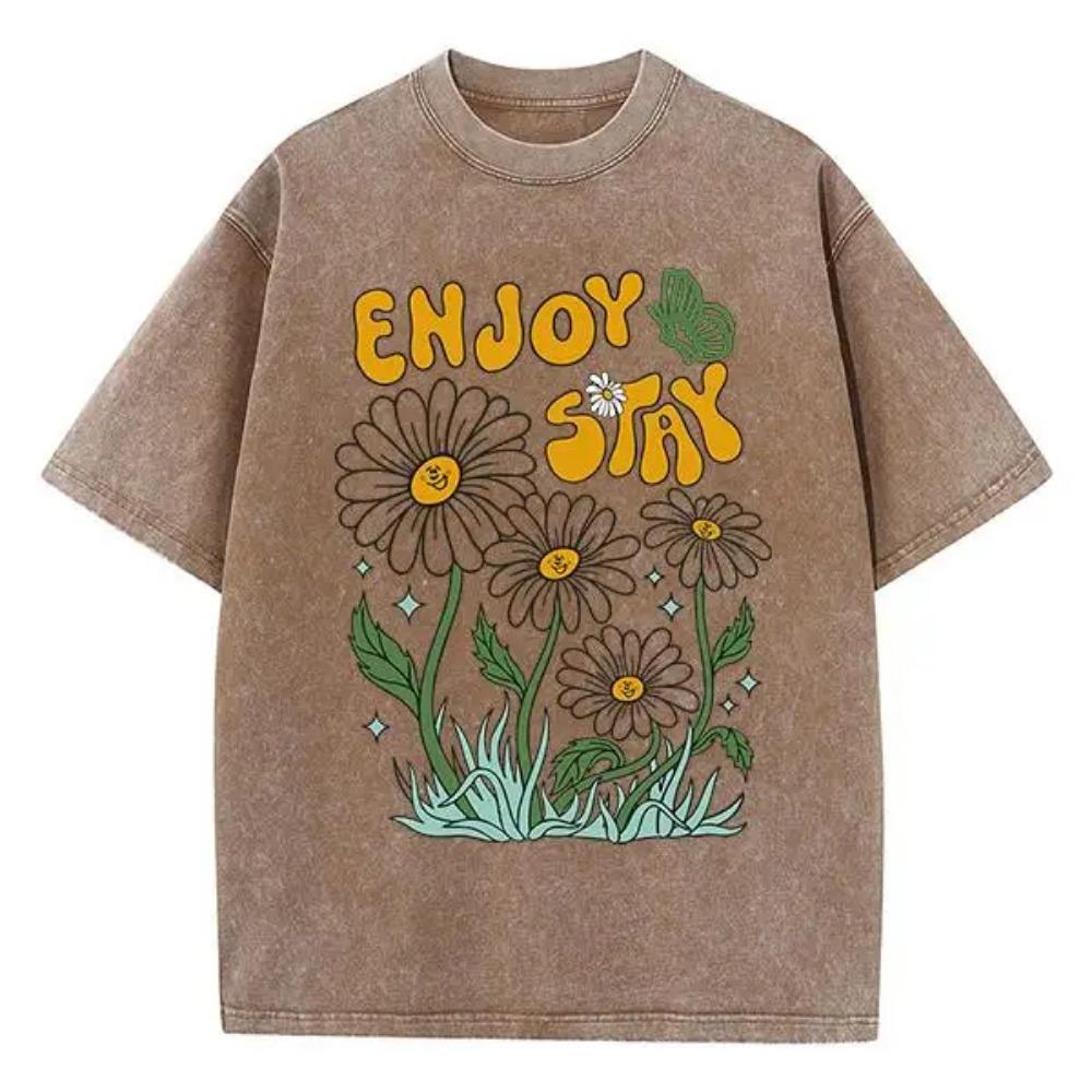 Flower Butterfly Enjoy Stay Print T-Shirt Mens Shoulder Drop Popular T Shirt Fashion Vigor Tees Normcore Streetwear