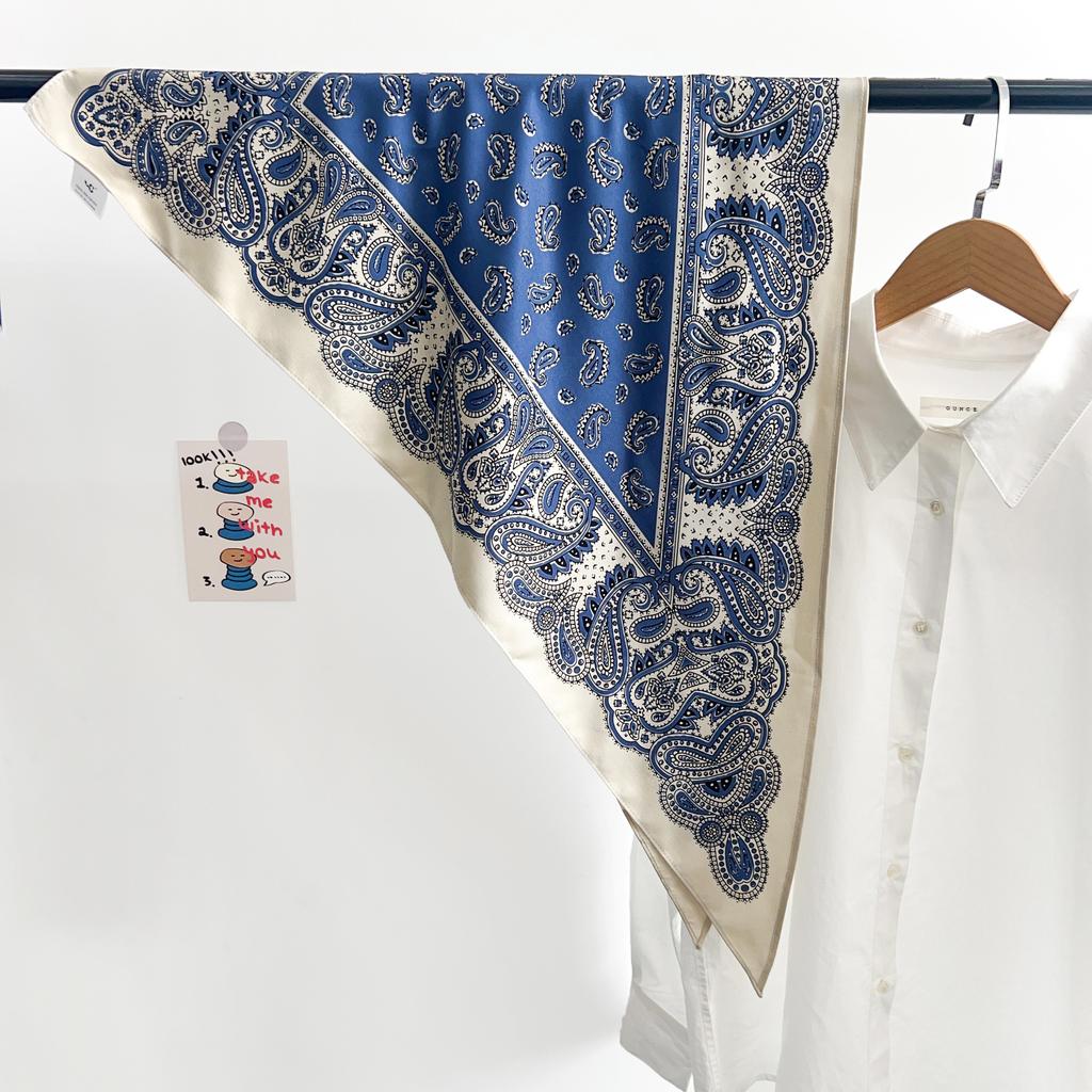 Korean design retro literary blue striped triangle scarf silk scarf summer thin scarf neck accessories small scarf