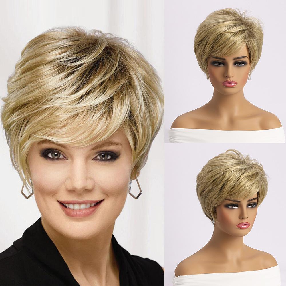 European and American Style Women Short Straight Blonde Wig Fashion Daily Use Natural Looking Synthetic Fiber Wig