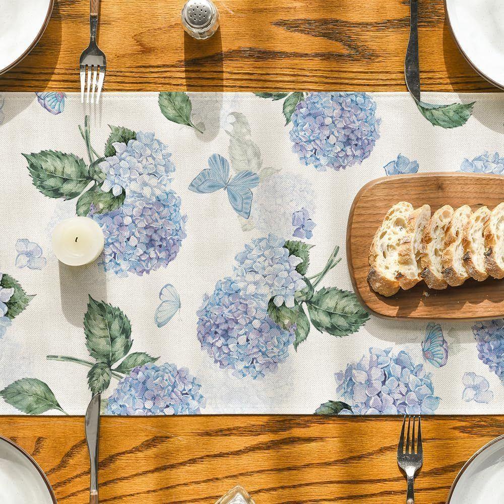 Flower Printed Blue Lemon Linen Table Runner Purple Hydrangea Tablecloth Valentine's Day