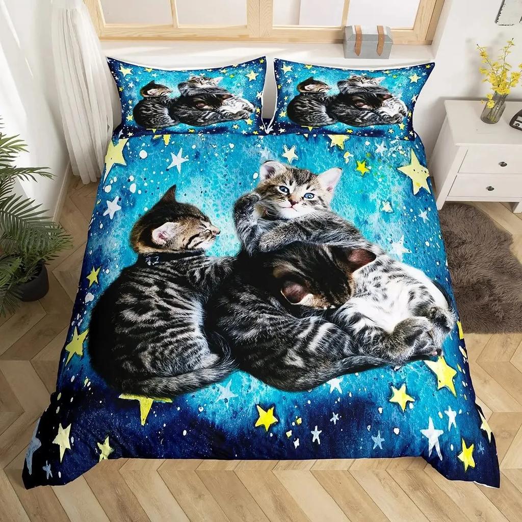 Rainbow Cat Butterfly Duvet Cover Set King,Watercolor Tie Dye Planet Galaxy Outer Space Bedding Set Shiny Golden Glitter Bed Set