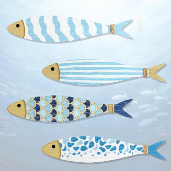 4 Pcs Wooden Fish Wall Decor Nautical Coastal Wall Art Blue Fish Wall Sculpture Lake House Hanging Decor for Bathroom Bedroom